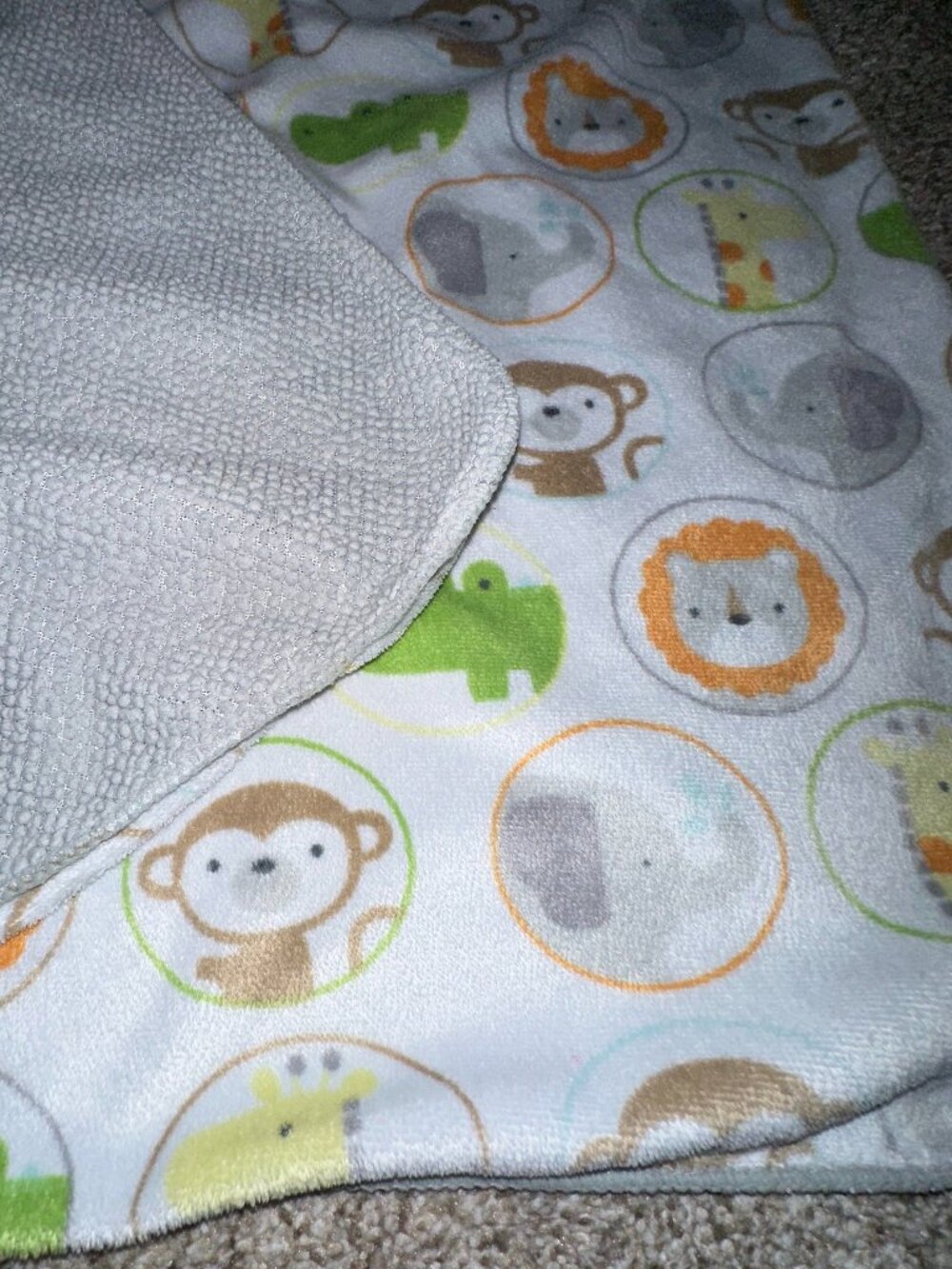 CIRCO Jungle Zoo Animals Baby Blanket Gray Sherpa Monkey Giraffe Lion VTG